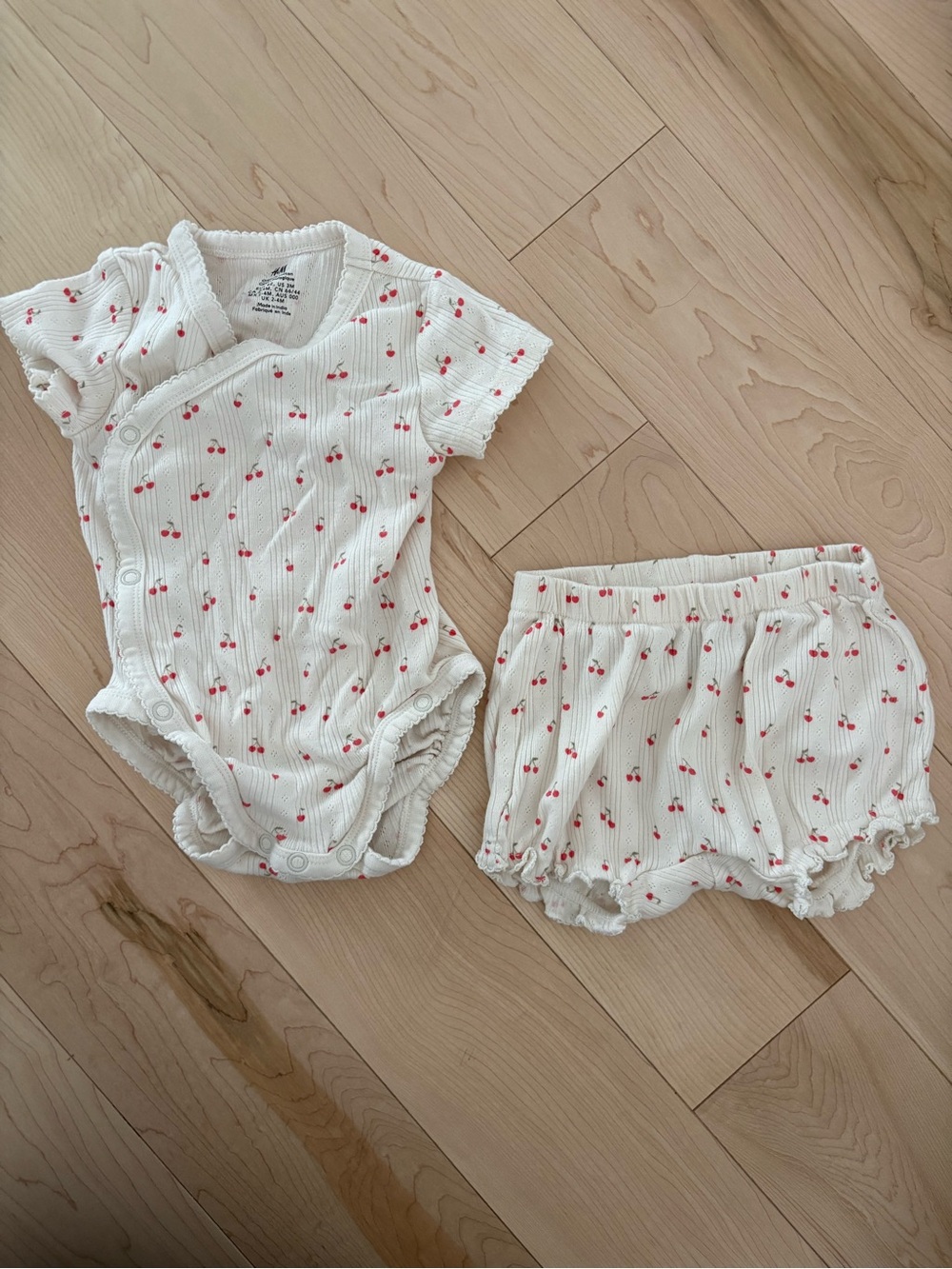 H&M White Ribbed Bodysuit and Bloomers with Red Cherry Print